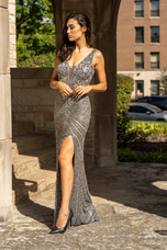 Lara Beaded Evening Gown with Slit 29528