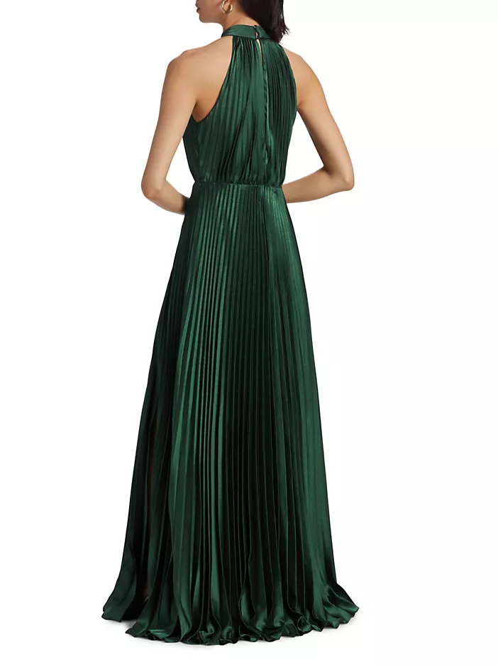 Monique Lhuillier "Jacqueline" Satin Pleated Halter Gown 44112208