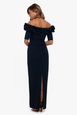 Xscape Evenings "Isla" Long Crepe Off the Shoulder Ruffle Dress 3856X