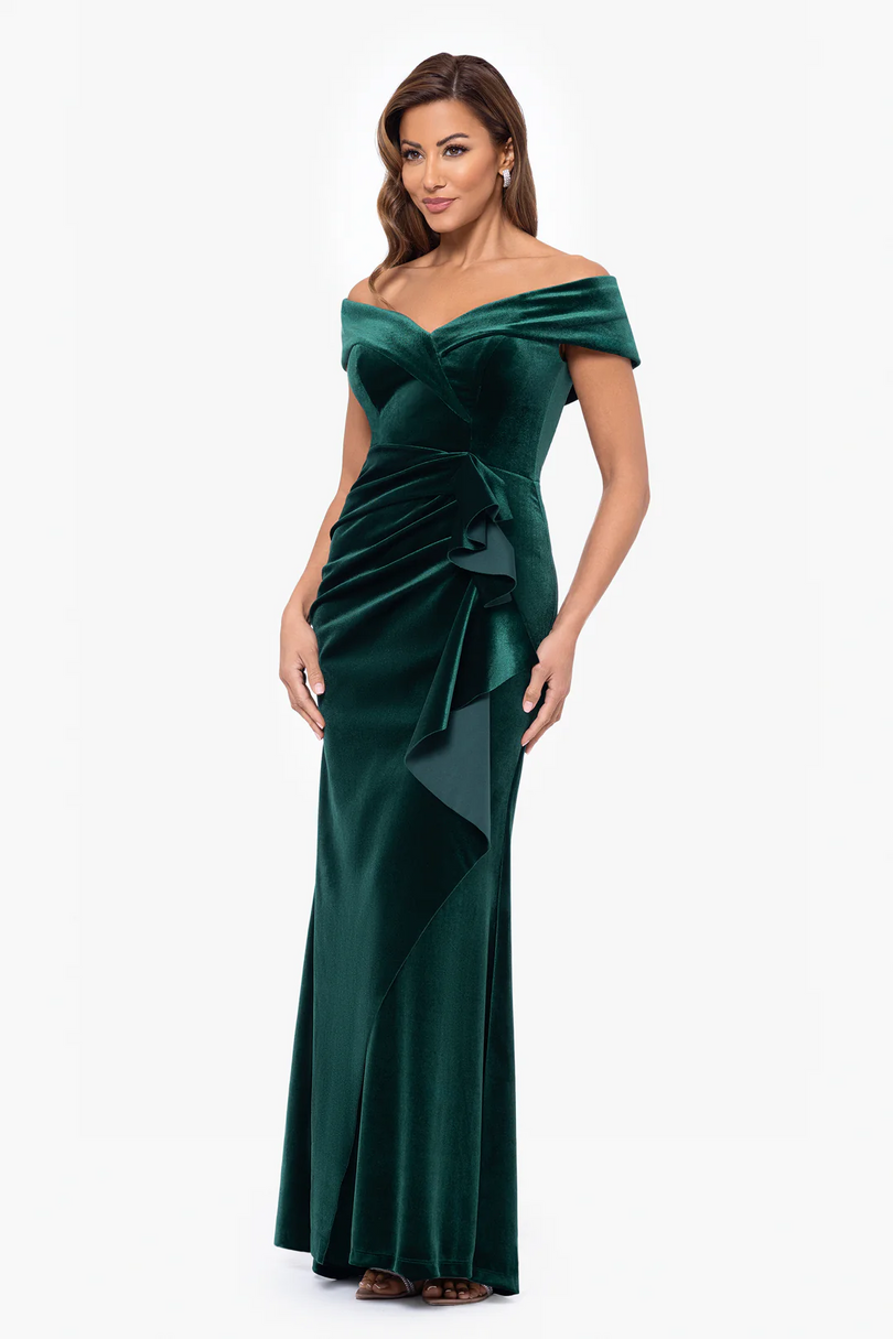 Xscape Evenings "Alana" Off the Shoulder Velvet Evening Gown 6484X