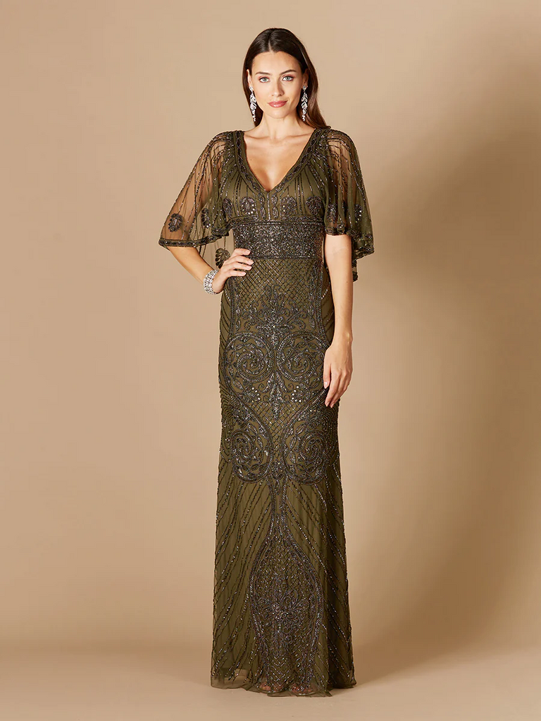 Lara Cape Sleeve V-Neck Beaded Evening Gown 29356