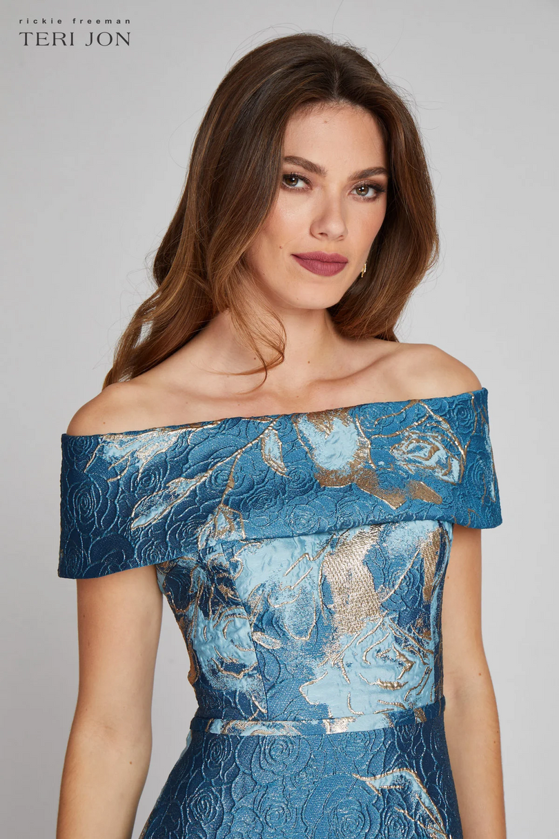 Teri Jon Floral Jacquard Off the Shoulder Gown 217048