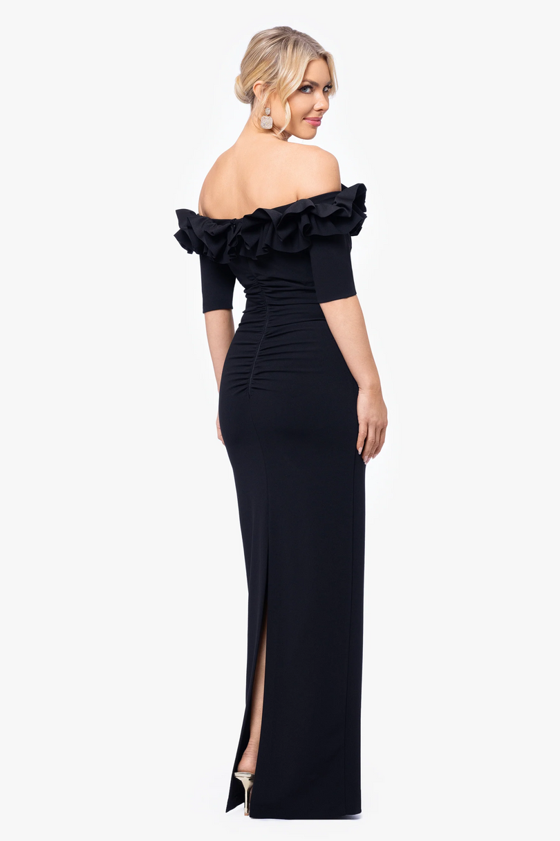 Xscape Evenings "Isla" Long Crepe Off the Shoulder Ruffle Dress 3856X