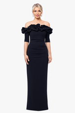 Xscape Evenings "Isla" Long Crepe Off the Shoulder Ruffle Dress 3856X