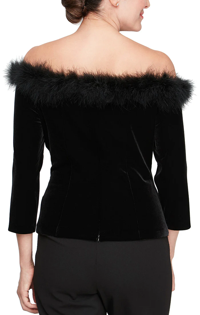 Alex Evenings Off-the-Shoulder Velvet Blouse with Feather Trim 8391946