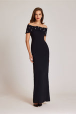 Teri Jon Crepe Off The Shoulder Jewel Trim Portrait Column Gown 239069