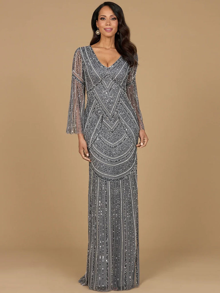 Lara Beaded V-Neck Long Sleeve Evening Gown 28954