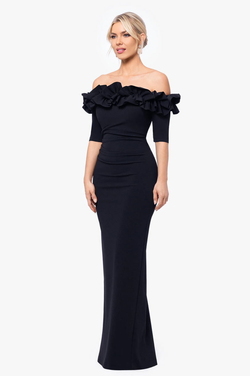 Xscape Evenings "Isla" Long Crepe Off the Shoulder Ruffle Dress 3856X