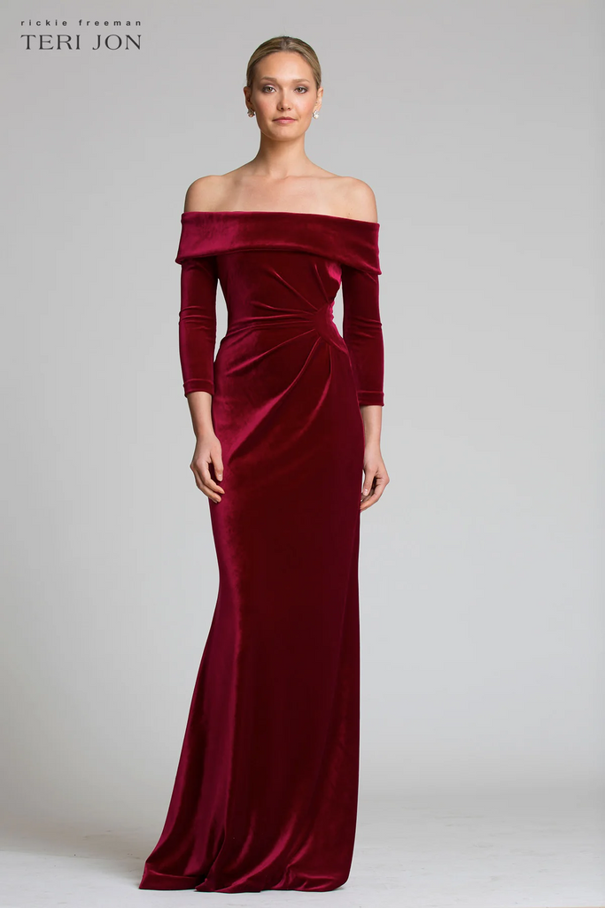 Teri Jon Off The Shoulder Stretch Velvet Evening Gown 67037