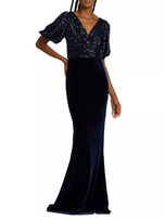 Teri Jon Velvet Sequined Short-Sleeve Gown 227300