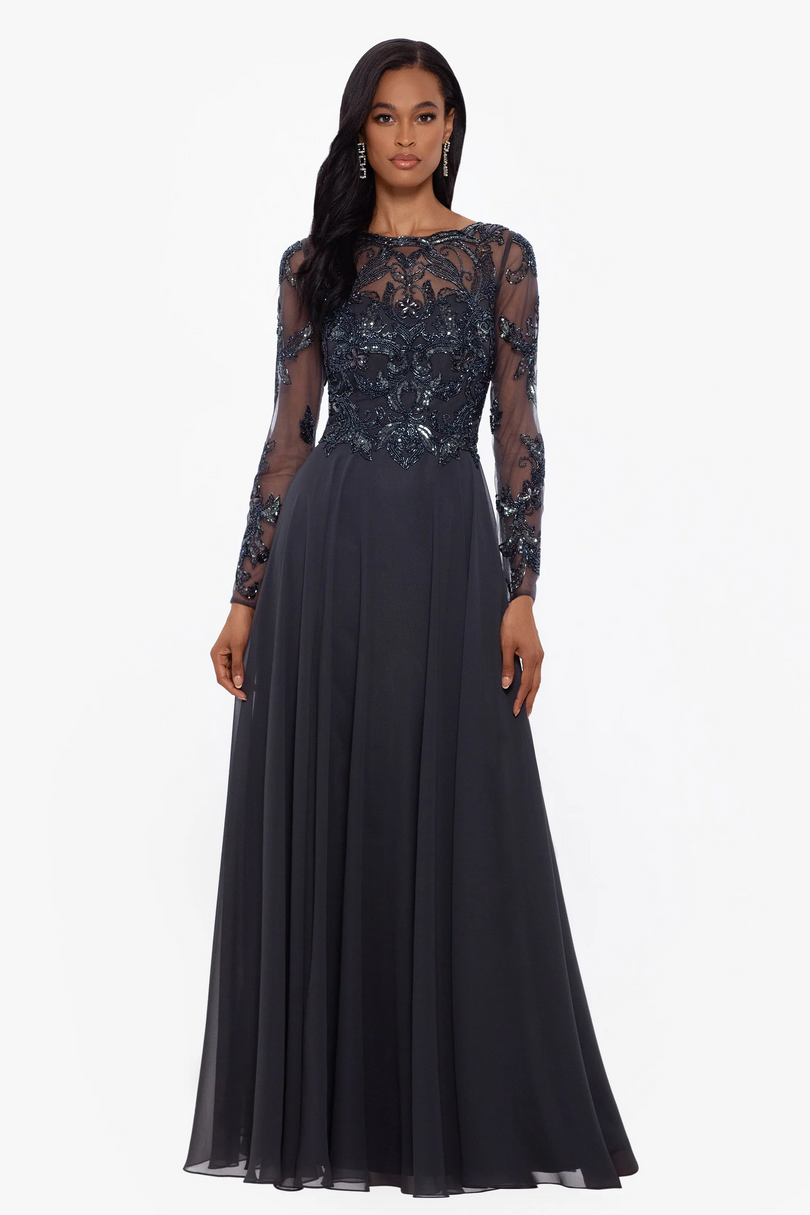 Xscape Evenings "Mason" Long Sleeve Beaded Chiffon Evening Dress 3174X