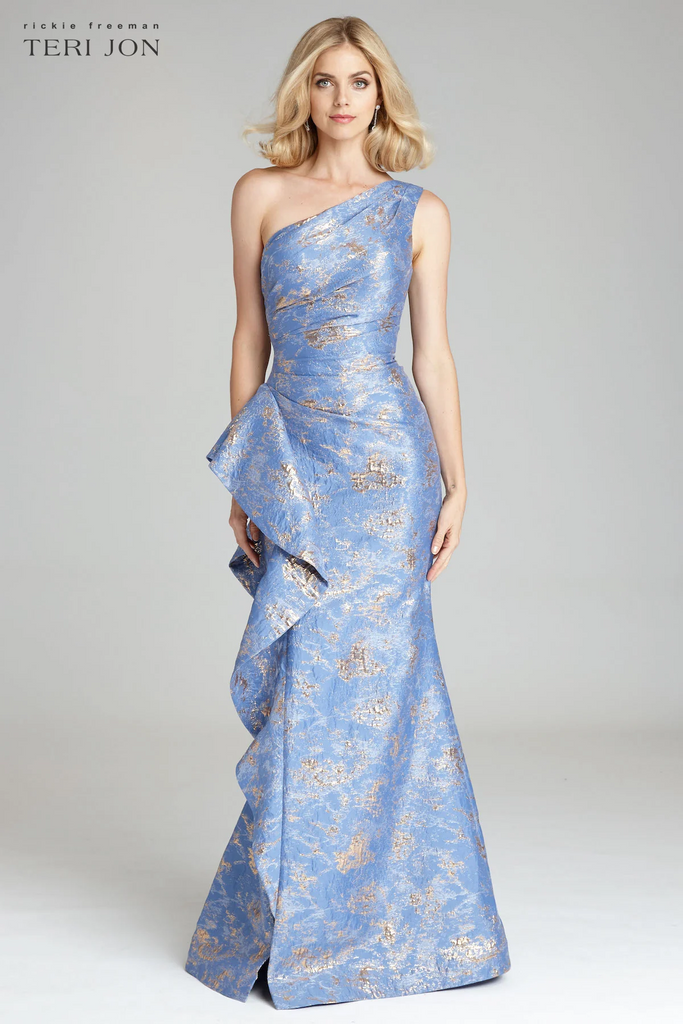 Teri Jon One Shoulder Jacquard Evening Dress 209064