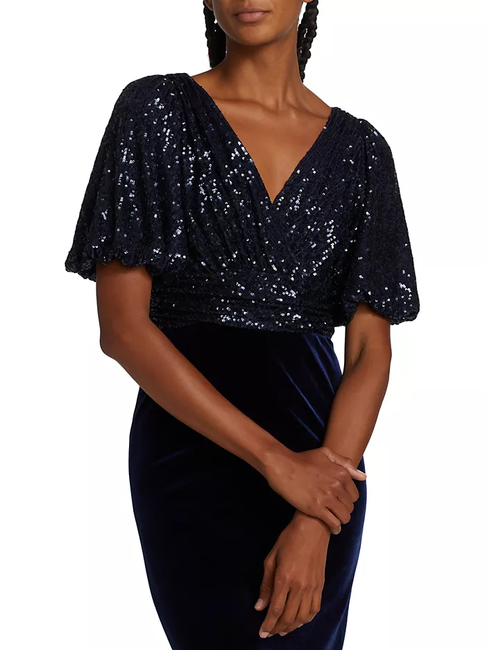 Teri Jon Velvet Sequined Short-Sleeve Gown 227300