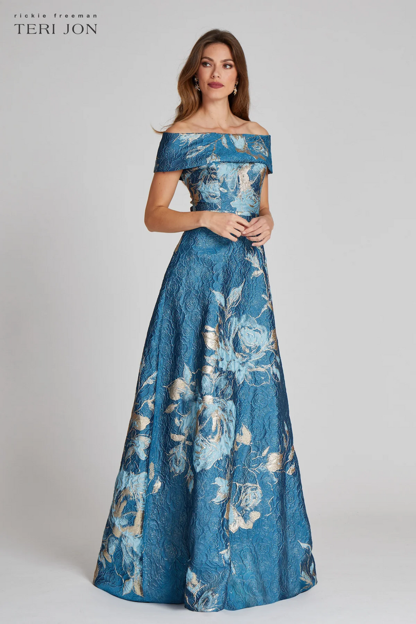 Teri Jon Floral Jacquard Off the Shoulder Gown 217048