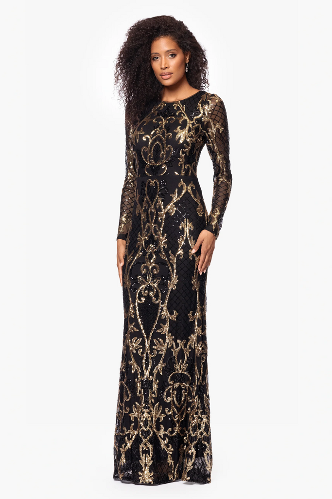 Betsy and Adam Long Sleeve Sequin "Nara" Dress A26776