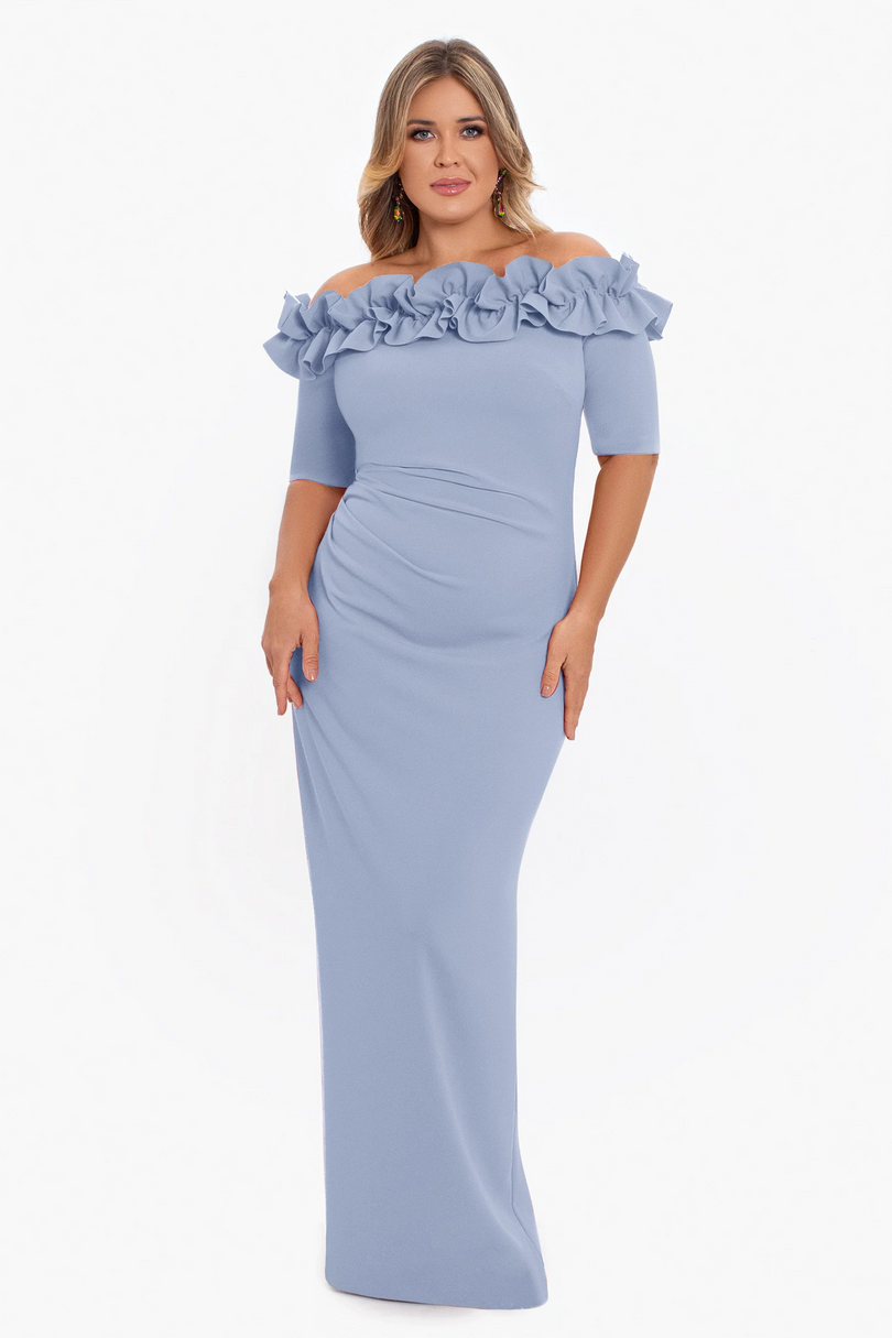 Xscape Evenings "Isla" Long Crepe Off the Shoulder Ruffle Dress 3856X