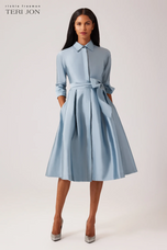 Teri Jon 3/4 Sleeve Belted Taffeta Shirtdress 69224