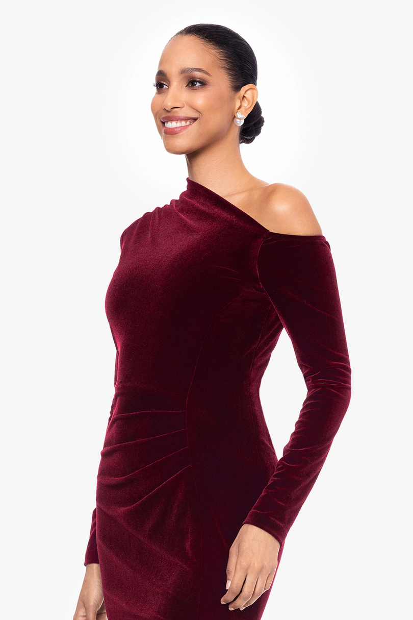 Betsy & Adam "Annette" Velvet Drop Shoulder Evening Dress A25329